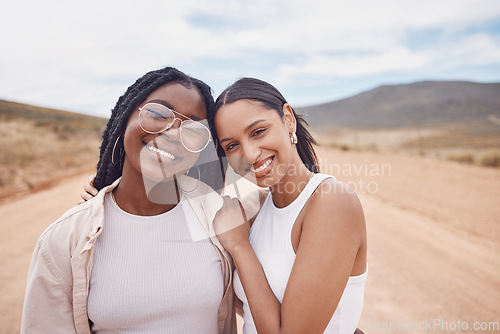 Image of Portrait, friends and women on road trip, vacation and bonding on getaway, happiness and relax together. Face, females and ladies embrace, summer holiday and weekend break to rest and casual outfits