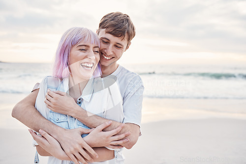 Image of Love, beach and couple hug on date for valentines day, ocean fun and romantic embrace at sunset. Romance, happiness and gen z woman and man hug on tropical valentine holiday in Indonesia in evening.