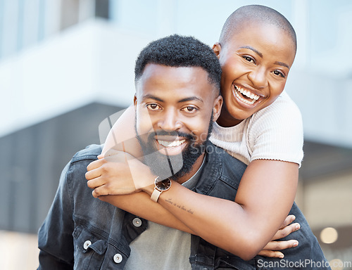 Image of Portrait of black couple piggyback in city for love, care and happiness on date together in Nigeria. Happy man carrying young woman in urban street for outdoor fun, freedom and relax with face smile