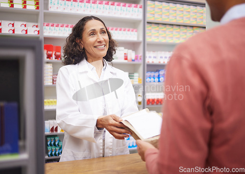 Image of Medicine, pharmacy and doctor with patient in store with mockup prescription package for healthcare. Pharmacist woman giving man pills, box or Pharma product for medical help, health and wellness