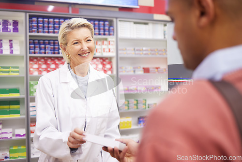 Image of Service, consulting and pharmacist with medicine for a man for healthcare at a pharmacy. Medical, help and clinic woman giving a patient pills for an illness, flu or cold while working in health