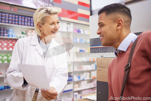 Image of Pharmacy, insurance document and male customer with pharmacist talking about pills side effects. Reading, prescription info and healthcare worker with consulting for health and wellness check