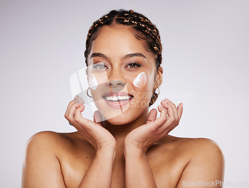 Image of Black woman, happiness and portrait of young model with facial mask, moisturizer and wellness. Studio, beauty and female with dermatology, collagen and cosmetic face cream for skin glow and self care