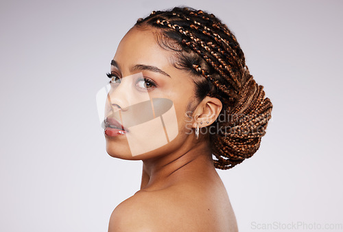 Image of Beauty, skin care and black woman portrait in studio for spa cosmetic, makeup and dermatology. Face of aesthetic model person on grey background for facial collagen product and wellness glow or shine