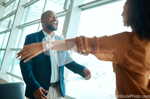 Image of Happy, love and couple hugging in the airport for reunion with care, happiness and excitement. Travel, greeting and loving young African man and woman embracing with intimacy in a terminal lounge.