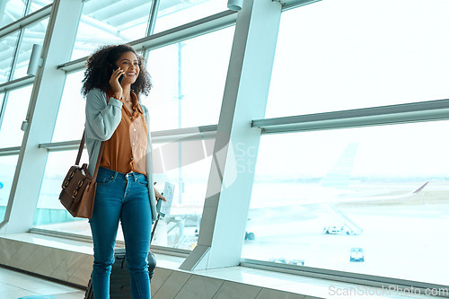 Image of Black woman, phone call and travel with flight, communication and plane, airport with trip abroad for holiday. Happy, smartphone and vacation with traveling, technology and overseas with conversation