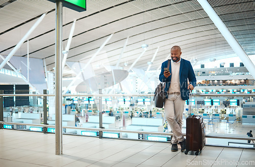 Image of Black man standing in airport, smile and phone with online flight schedule or visa application for business trip. Global travel, technology and happy businessman checking international destination.