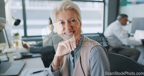 Image of Senior employee, woman with face and happy in workplace, success and vision with leadership in coworking space. Motivation, leader and working with smile in professional portrait at office.