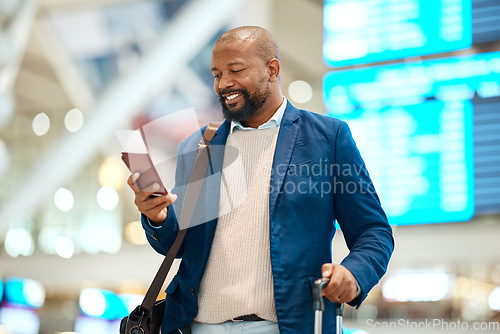 Image of Black man in airport with passport, ticket and smile, travelling to foreign country for business trip. Visa, travel and happy businessman waiting for flight time to international destination for work