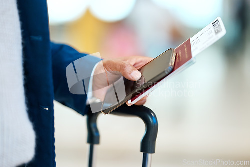 Image of Airport, passport and ticket in man hand with phone for online booking, travel suitcase and registration. Mobile, identity document and person with luggage for immigration and waiting for flight
