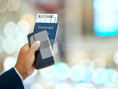 Image of Airport, passport and ticket in hand with phone for online booking, travel and immigration registration on bokeh. Smartphone screen, mockup and identity document of man or person with flight payment