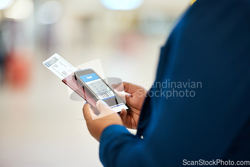 Image of Qr code, check in and man with a phone for a ticket, airplane booking and information at airport. Travel, website and hand of a businessman reading a barcode on a mobile for a work trip or vacation