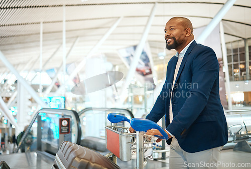 Image of Black man, travel for company with luggage and airport and conference, walking with suitcase and business trip. Businessman, finance convention or corporate seminar and travelling, ready for flight