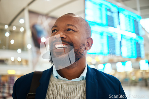 Image of Travel, smile and happy black man in airport for international traveling or global journey. Face, immigration and thinking African businessman excited for vacation, holiday or business trip flight.