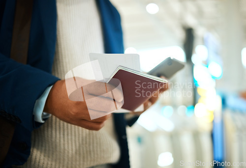 Image of Passport, phone and man hands with ticket for online booking, fintech and digital payment registration. Mobile, travel schedule and person typing flight information and identity document at airport