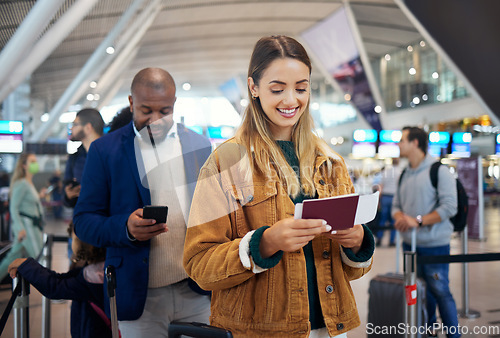 Image of Travel, queue and ticket with woman in airport for vacation, international trip and tourism. Holiday, luggage and customs with passenger in line for airline, departure and flight transportation