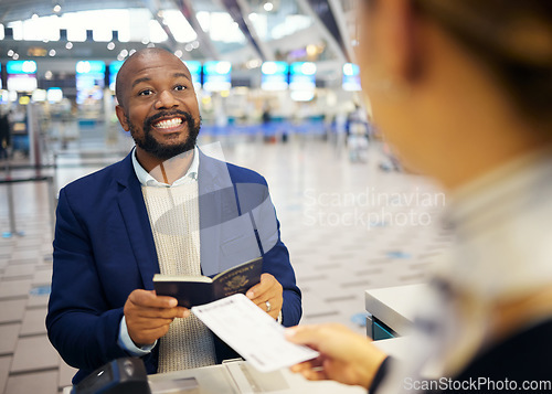 Image of Airport, ticket booking and black man smile for customer services desk and passport registration. Excited USA business person and travel agent helping with flight identity document and hospitality