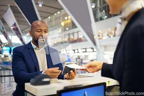 Image of Airport, ticket service and business man or customer for booking, passport registration and desk support. African USA person and travel agent helping with flight identity document and payment receipt