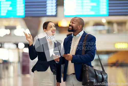 Image of Businessman, airport and service agent pointing traveler to departure, flight time or information. Black male with female passenger assistant helping in travel directions or FAQ for airline traveling