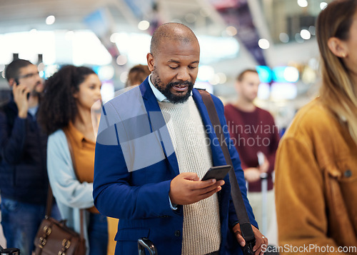 Image of Travel, search and phone with black man in airport for flight, vacation and immigration. Queue, communication and technology with businessman in line with luggage for trip, holiday and first class