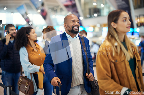 Image of Travel, queue and smile with black man in airport for flight, vacation and immigration. Happy, international and customs with businessman in line with luggage for trip, holiday and first class