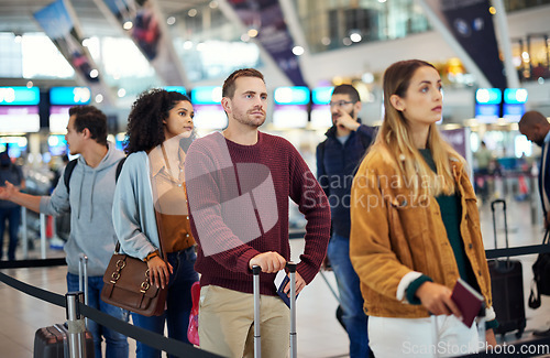 Image of Travel, queue and wait with man in airport for vacation, international trip and tourism. Holiday, luggage and customs with passenger in line for airline ticket, departure and flight transportation