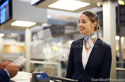Image of Airport, help desk and woman with customer services, ticket booking and schedule with client communication. Young travel agent talking to person for flight information, documentation and support