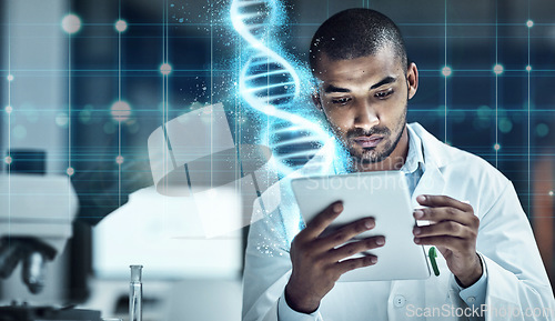 Image of Scientist, tablet and lab with overlay for research, dna and medical innovation on cloud computing. Man, doctor and mobile touchscreen for data analytics in laboratory with 3d holographic ux in night