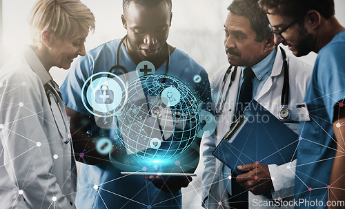 Image of Hologram, tablet and team of doctors future technology in medical services, global research or telehealth. Nurses, healthcare people and worldwide holographic, futuristic network and cyber software