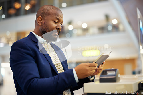 Image of Black man, reading passport and airport for travel, security and identity for global transportation service. African businessman, documents and concierge for immigration with international transport