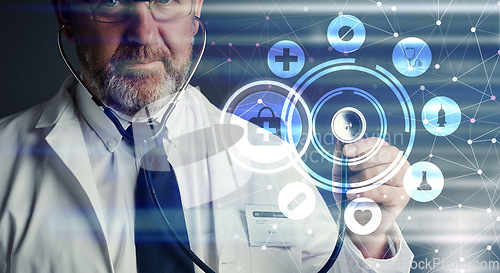 Image of Senior doctor, stethoscope or futuristic 3d hologram overlay for healthcare, life insurance in hospital or clinic. Icons, man or medical abstract for future medicine innovation or digital development