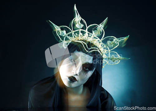 Image of Art portrait, makeup and queen woman isolated on black background in dark fantasy, macabre and beauty character. Vampire, fashion and crown of avatar person or model cosmetics in night studio mockup
