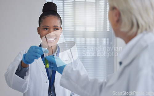 Image of Teamwork, doctors or woman with blood in test tube for success medical search, healthcare or dna research. Science, medicine lab or scientists nurse for fluid sample analysis, study or result examine