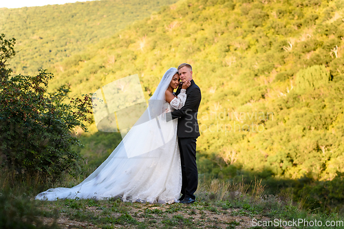 Image of Full-length portrait of the newlyweds against the backdrop of brightly lit foliage, the newlyweds look into the frame