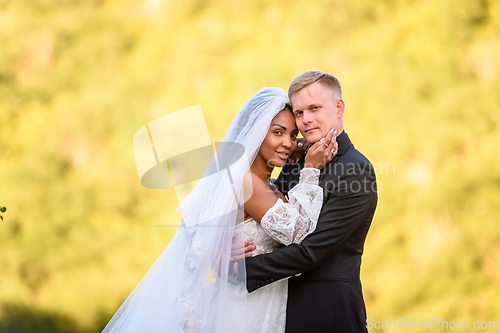 Image of Happy newlyweds against the background of evening sunny foliage, the couple looks into the frame
