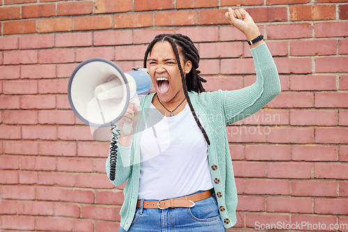 Image of Megaphone announcement, shout and angry black woman protest for democracy vote, government justice or human rights. Global change rally, microphone noise speech and speaker with racism voice opinion