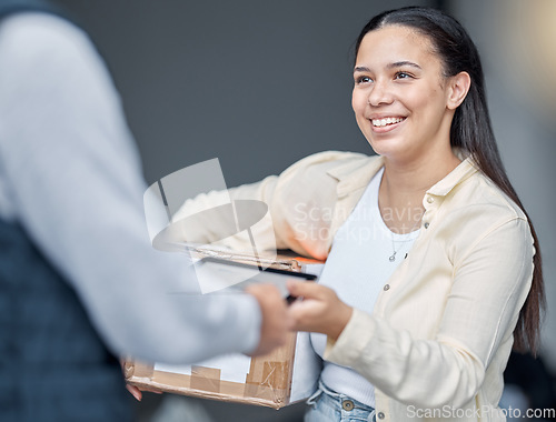 Image of Delivery, signature and woman with a courier and box for logistics, ecommerce and package. Retail, service and man giving a customer product at the door with a tablet for online signing in agreement