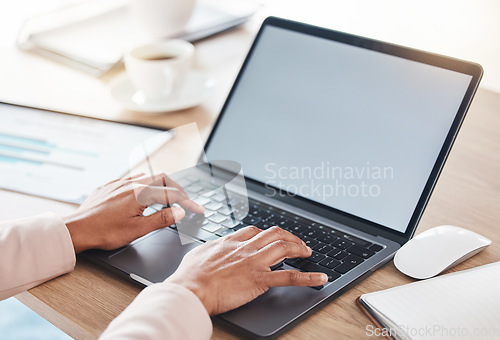 Image of Hands, screen or woman typing laptop keyboard with mockup for trading strategy, tax or company audit review. Finance, zoom or financial advisor for stock market, invest budget or mortgage planning