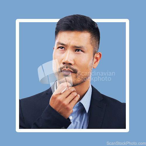 Image of Thinking, confused and businessman in studio with mockup, advertising and blue background space. Doubt, unsure and contemplation with asian guy thoughtful, pensive and emoji gesture while isolated