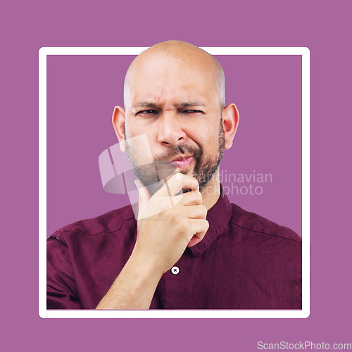 Image of Thinking, confused and mockup by man in frame, studio and advertising, space and purple background. Doubt, unsure and contemplation by guy thoughtful, pensive or emoji gesture while standing isolated