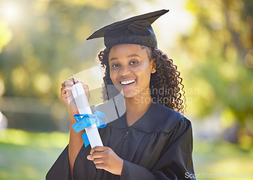 Image of Certificate, graduation and smile with portrait of black woman in nature for education, success and college. Scholarship, study and university with student and diploma for mindset, school and future