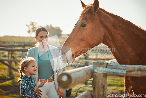 Image of Horse feeding, girl and mother on farm with animal and smile in the countryside outdoor. Pet horses, mama and child with hand holding grass on agriculture field with mom feeling parent love on ranch