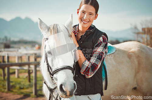 Image of .Portrait, horse and woman with pet at ranch, bonding and animal care in the countryside outdoors. Pets, equestrian and horseback rider or smile of happy female with white stallion on farm outside.