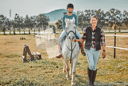 Image of .Horse, portrait and mockup with a woman coach training a student on horseback at a farm or ranch. Equestrian, agriculture and countryside with a trainer teaching a female about horseriding outside.