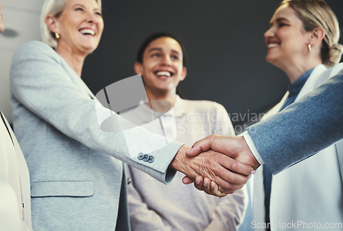 Image of Handshake, acquisition and senior business people at investment deal, b2b contract agreement or negotiation meeting. HR hiring welcome, thank you and intern job interview with human resources manager