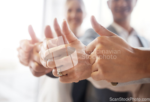 Image of Thumbs up, collaboration and business people in the office with success, achievement or goal. Diversity, teamwork and group of employees with an agreement, ok or yes hand gesture in the workplace.