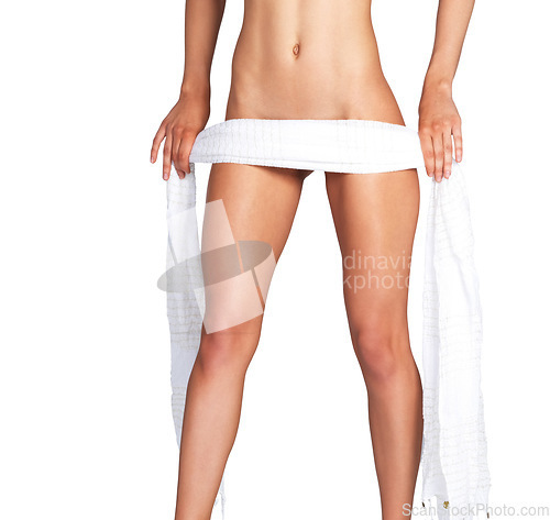 Image of Isolated woman legs, fabric and model in studio with white background, sexy and healthy anatomy. Girl, wellness and fitness for body with lingerie, cloth or underwear for sensual aesthetic with skin