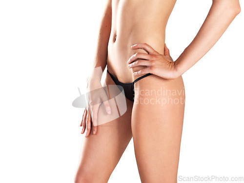 Image of Bikini wax, depilation model and skincare of legs for beauty and spa waxing aesthetic in a studio. White background, isolated and woman with fitness and body holding underwear to show soft skin