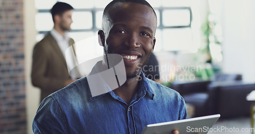 Image of Portrait, internship and black businessman at tech startup with a tablet in an office, workplace and company. Young, internet and man employee or worker confident, smile and happy entrepreneur