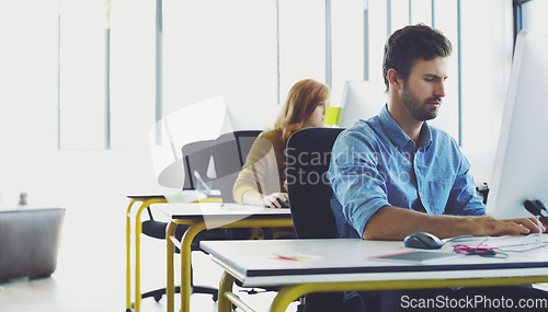 Image of Computer, startup or serious man in office thinking for cybersecurity, app coding or networking. Focus, developer or employee typing on tech for software code, programming or website server review